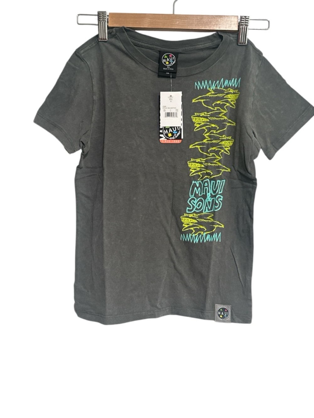 NWT, Maui and‎ Sons Kids' Gray Graphic Tee with Neon Shark Print